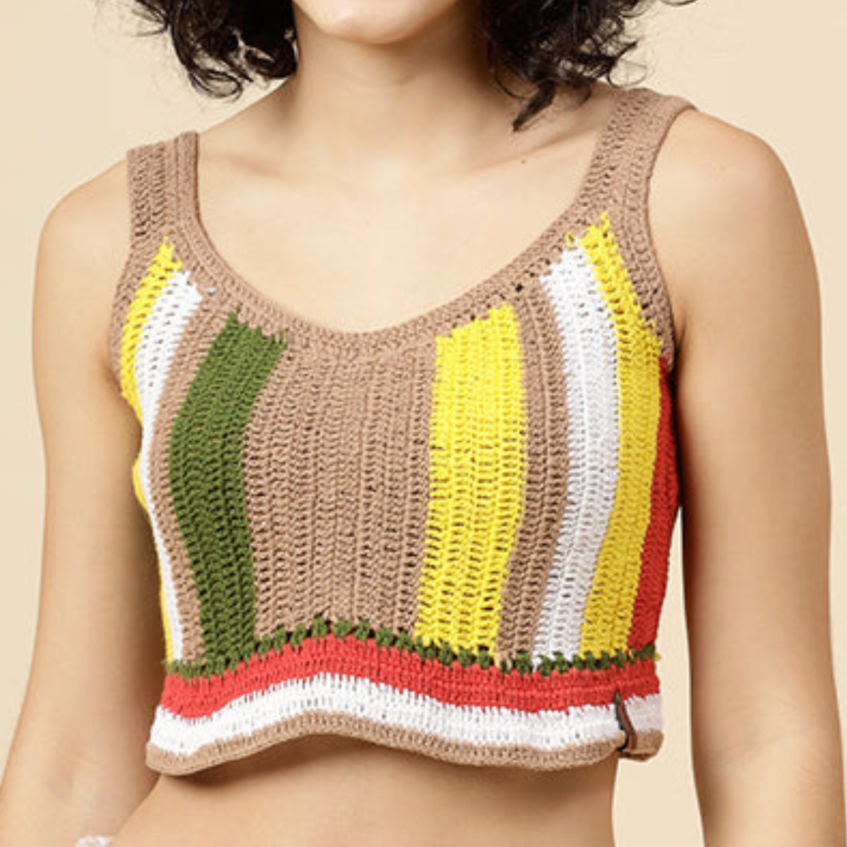 Women Solid Beige With Gradient Crop Crochet Top - C-021