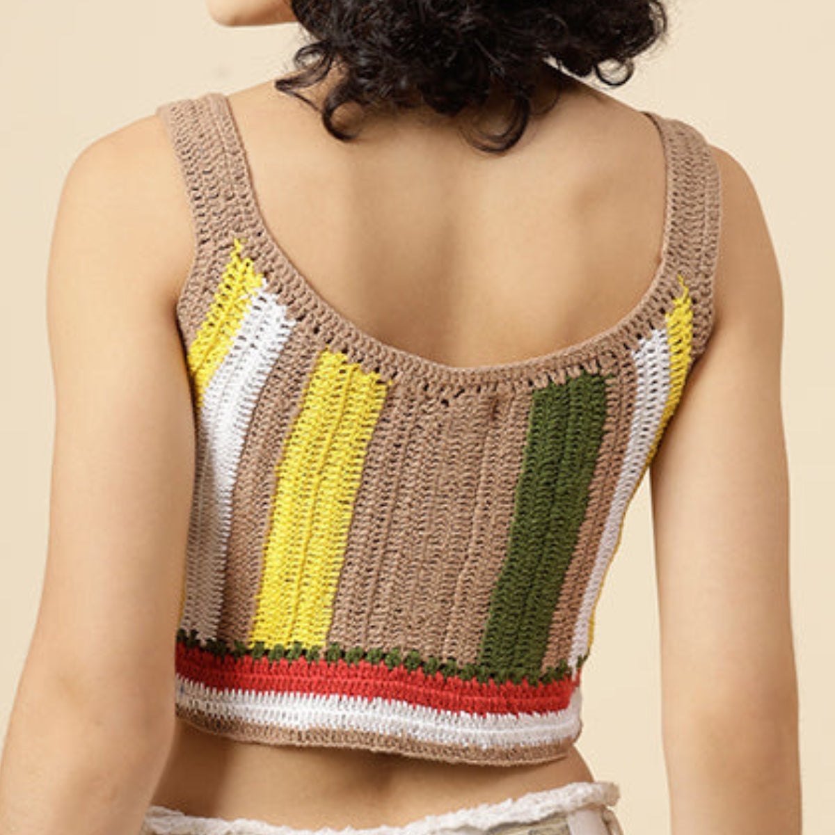 Women Solid Beige With Gradient Crop Crochet Top - C-021