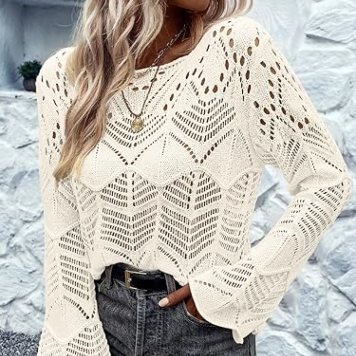 Women’s Casual Long Sleeve Round Neck Hollow Out Crochet Top - C-011