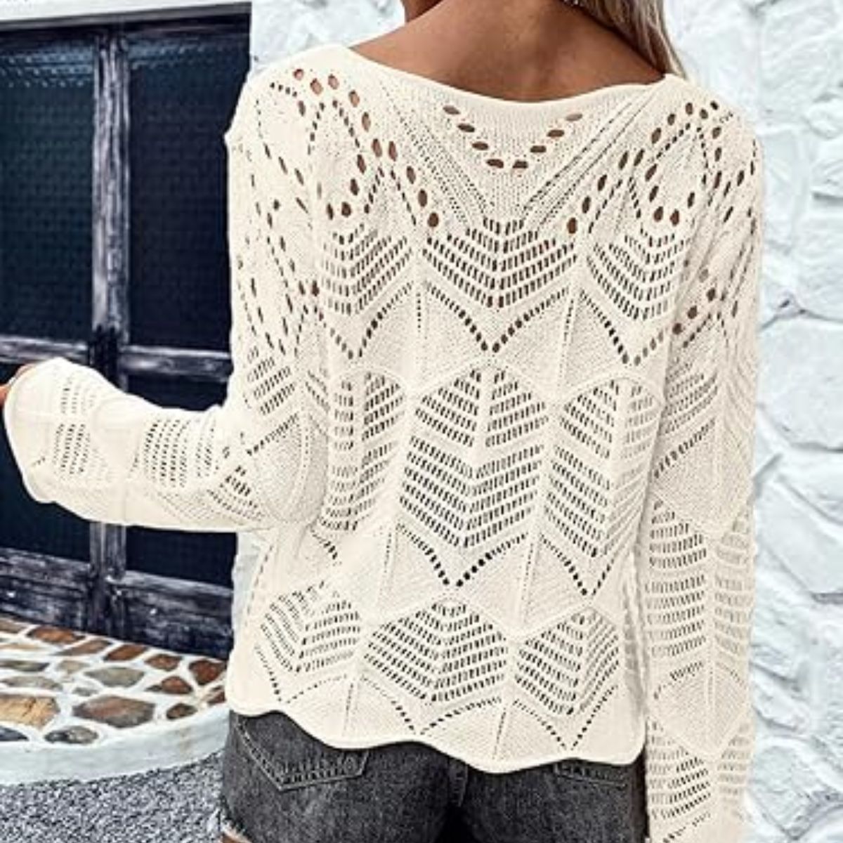 Women’s Casual Long Sleeve Round Neck Hollow Out Crochet Top - C-011