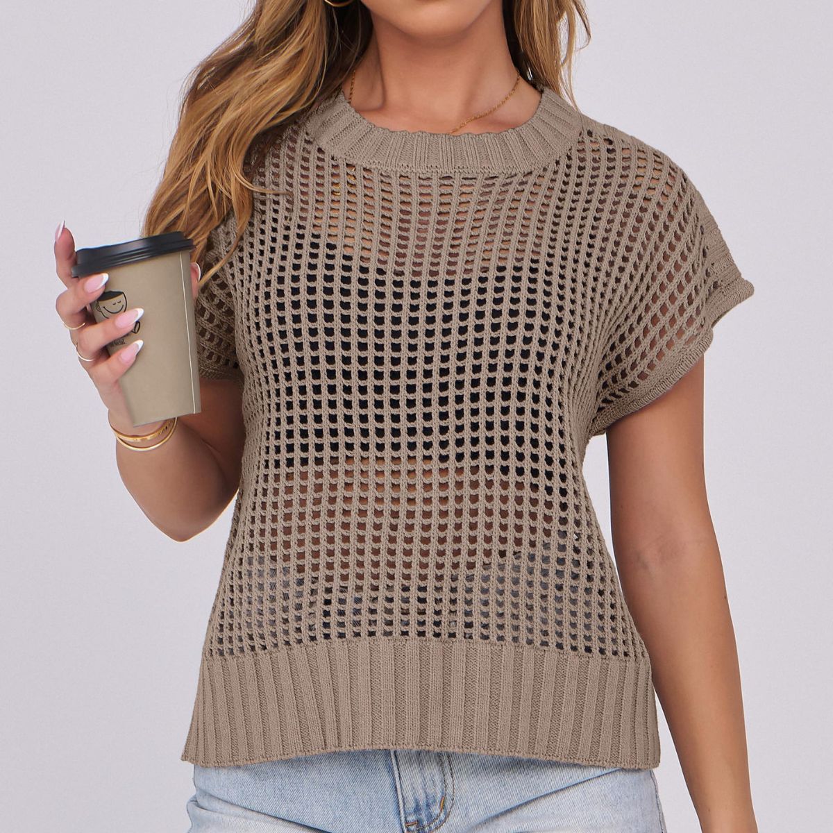 Women’s Crew Neck Bat-Wing Sleeve Sheer Knit Crochet Top- C-012