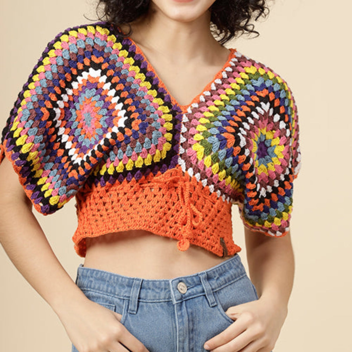 Women Multicolor Handmade Crop Crochet Top - C-023