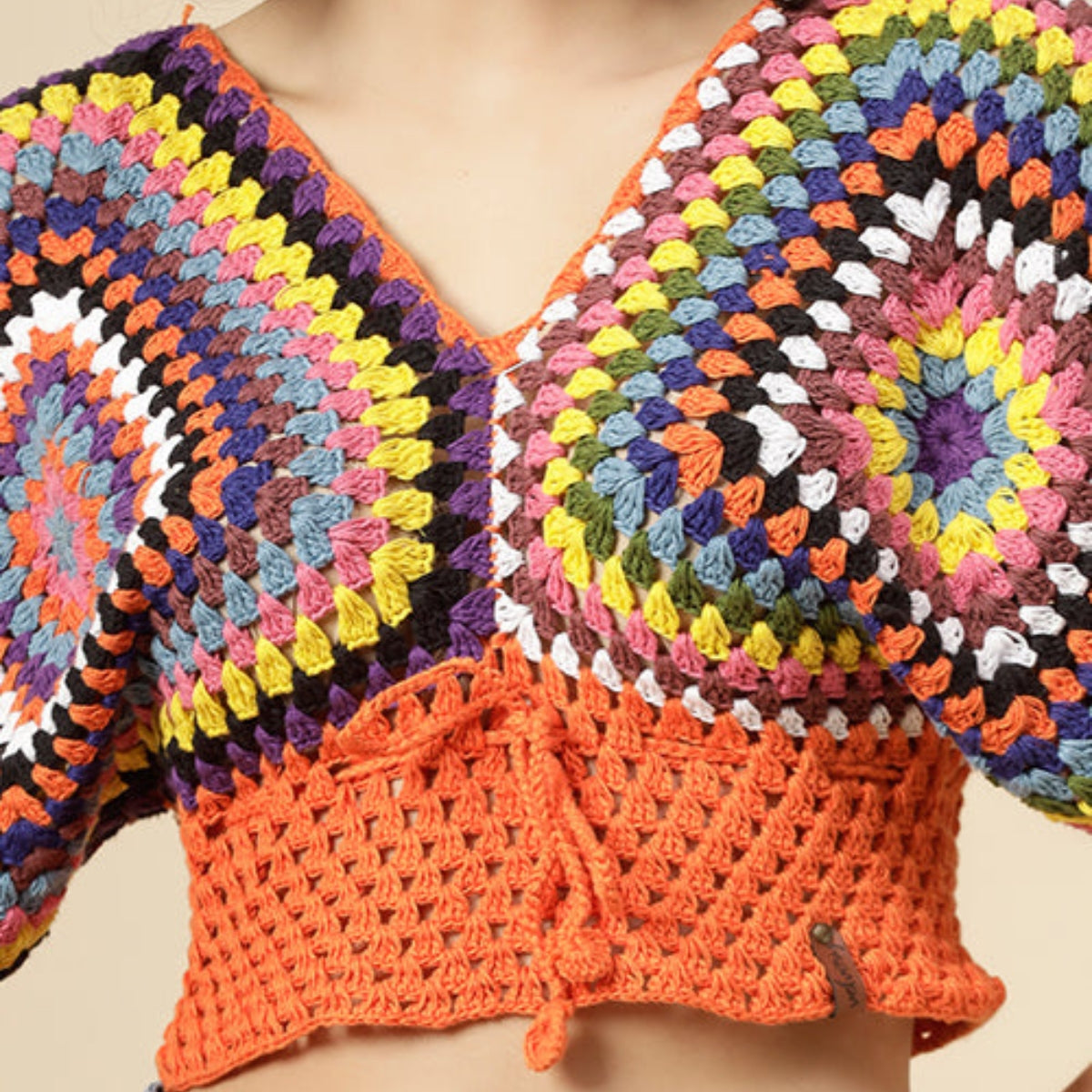 Women Multicolor Handmade Crop Crochet Top - C-023