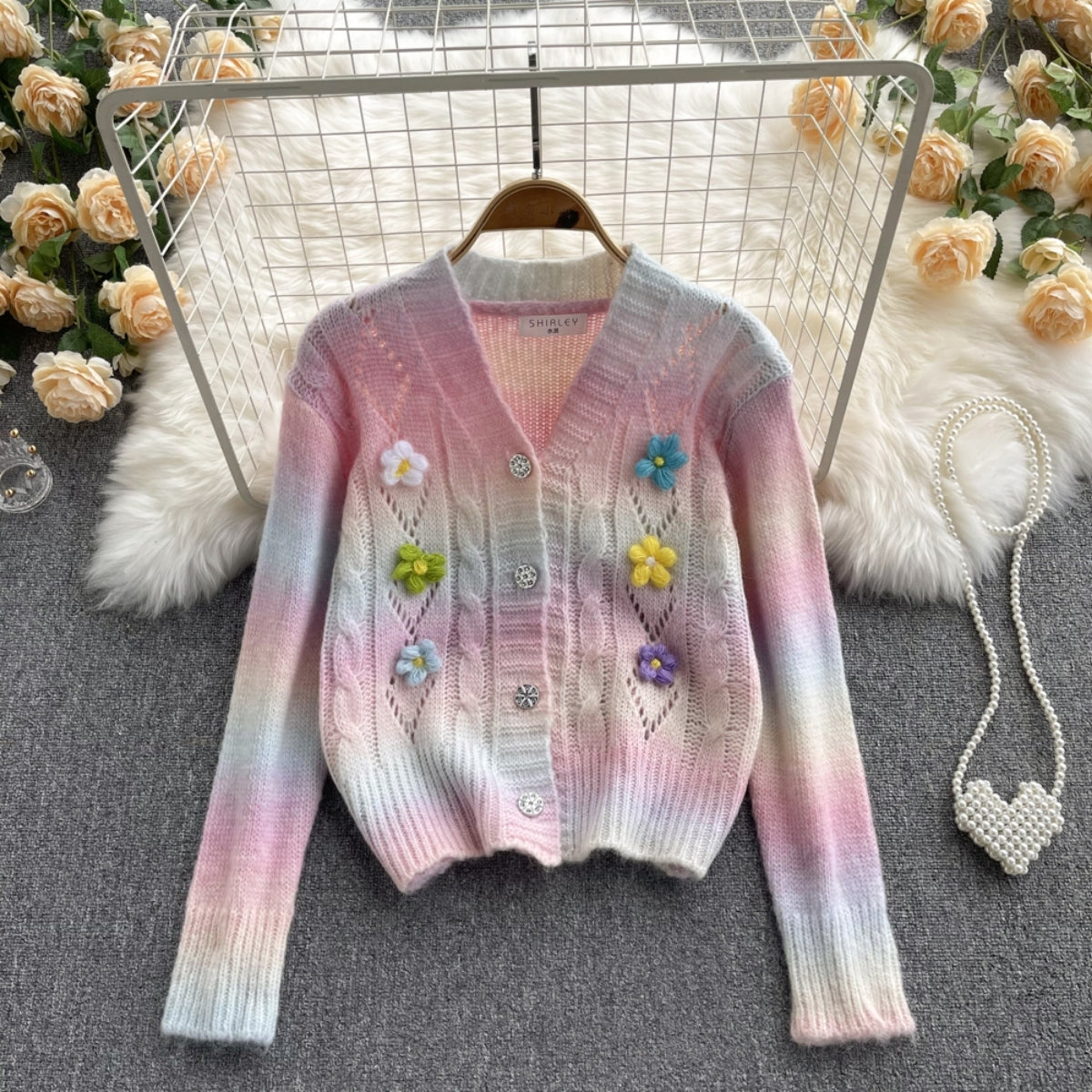 Women’s Ombre 3D Flower Cardigan Sweater V Neck Open Front Long Sleeve - 014