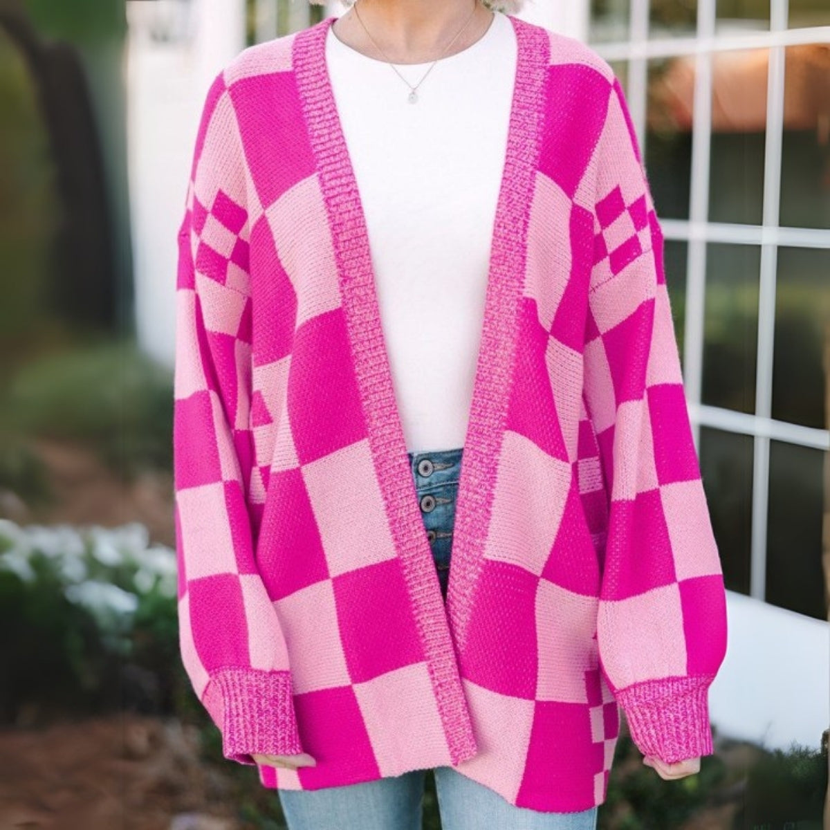 Checked Pink Printed Ribbed Trim Open Front Cardigan -02