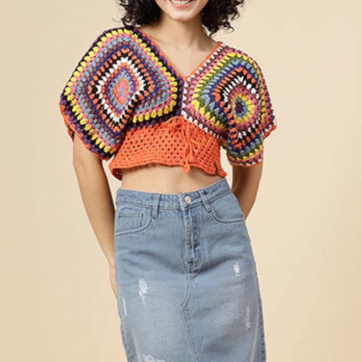 Women Multicolor Handmade Crop Crochet Top - C-023