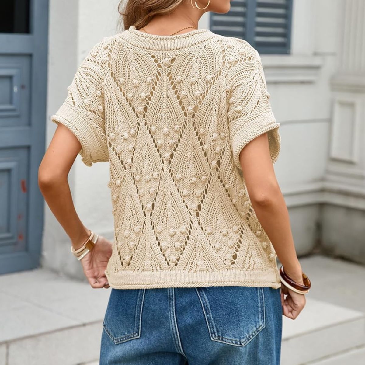 Women Solid Round Neck Brown Crochet Top - C-013