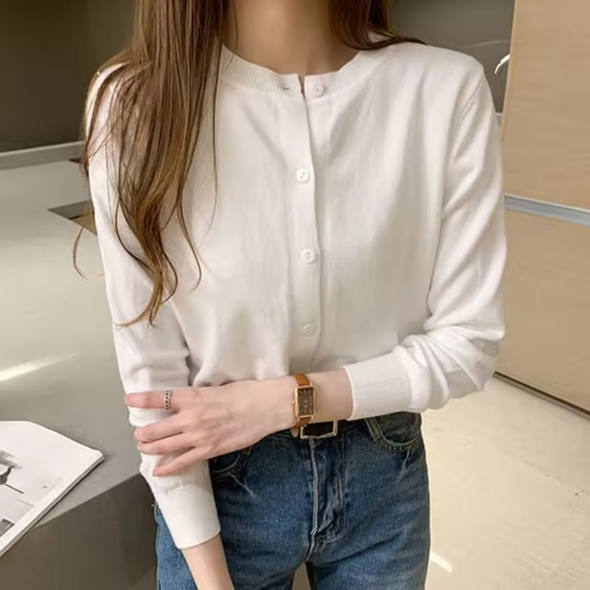 Women’s Korean Style Long Sleeve Button Down Cardigan Crew Neck - 015