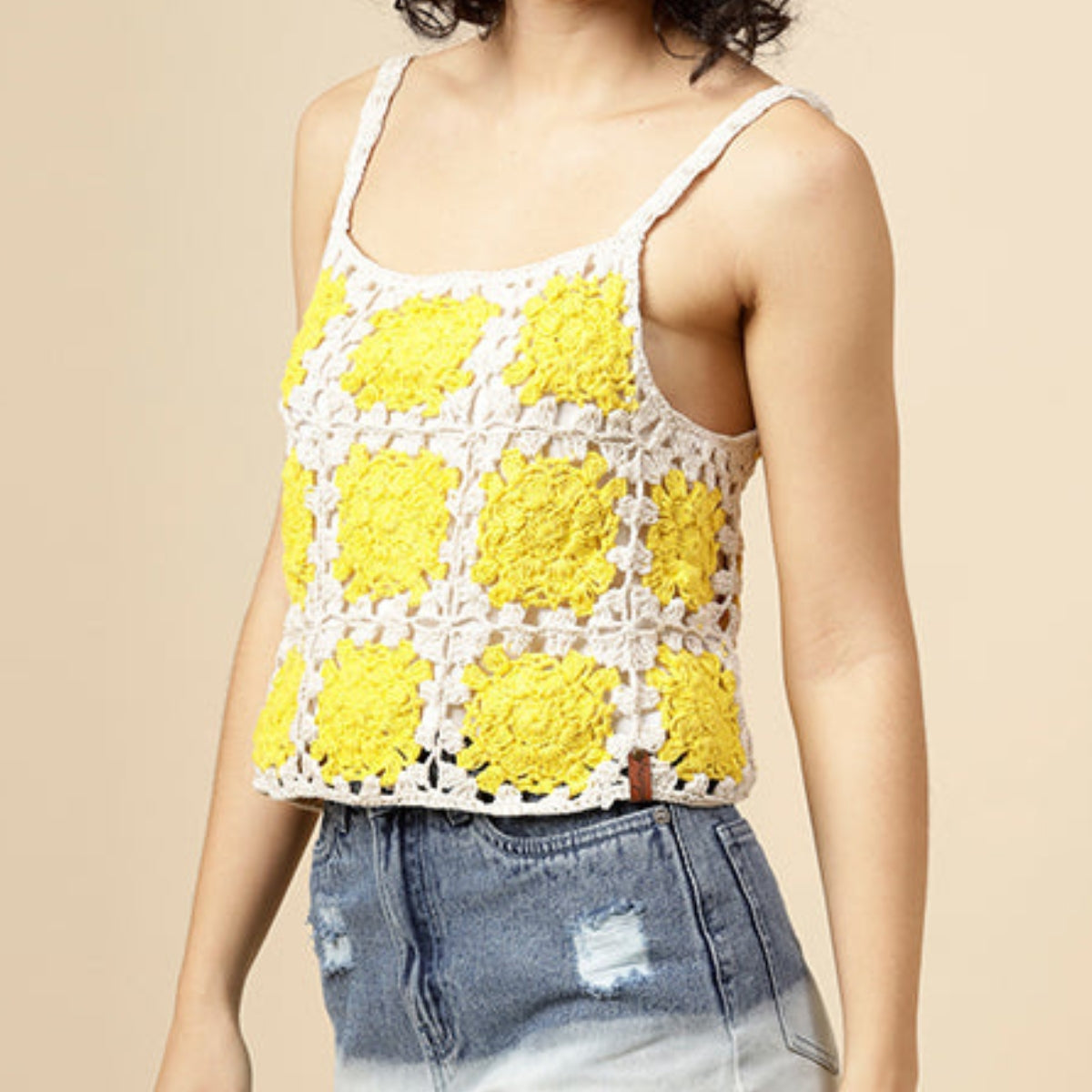 Women Yellow With White Gradient Handmade Crop Crochet Top - C-024