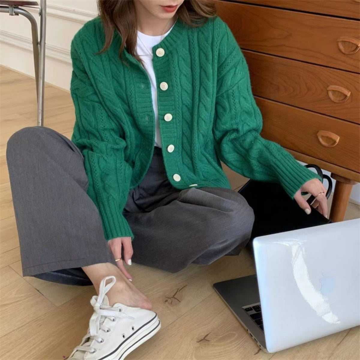 Winter New Style Soft Lazy Knit Green Cardigan Design - 016