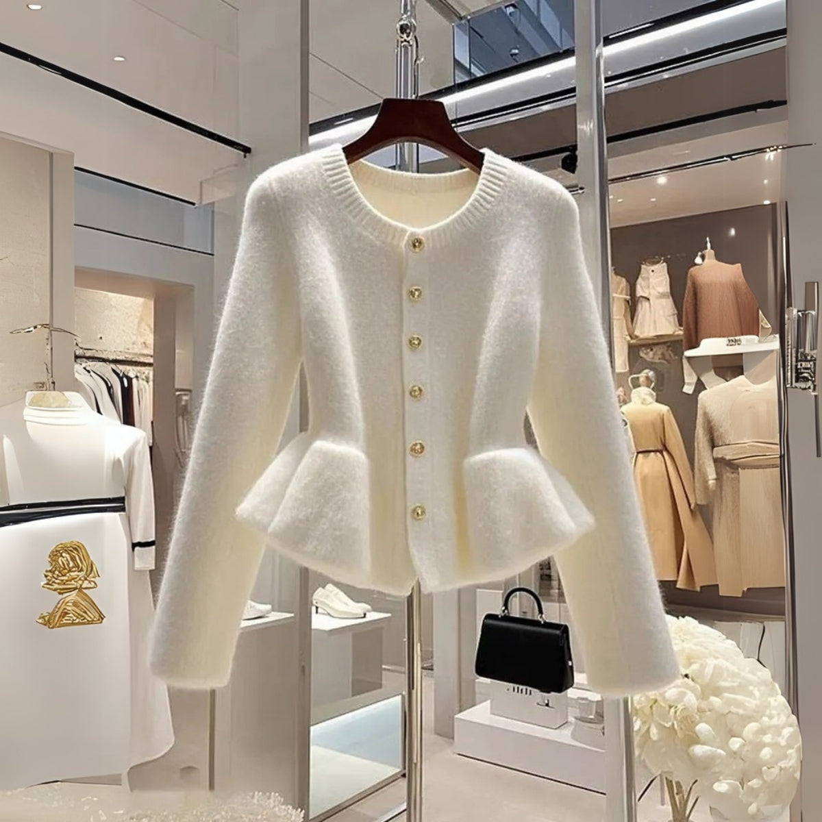 Women White Peplum Cardigan Long Sleeve - 072