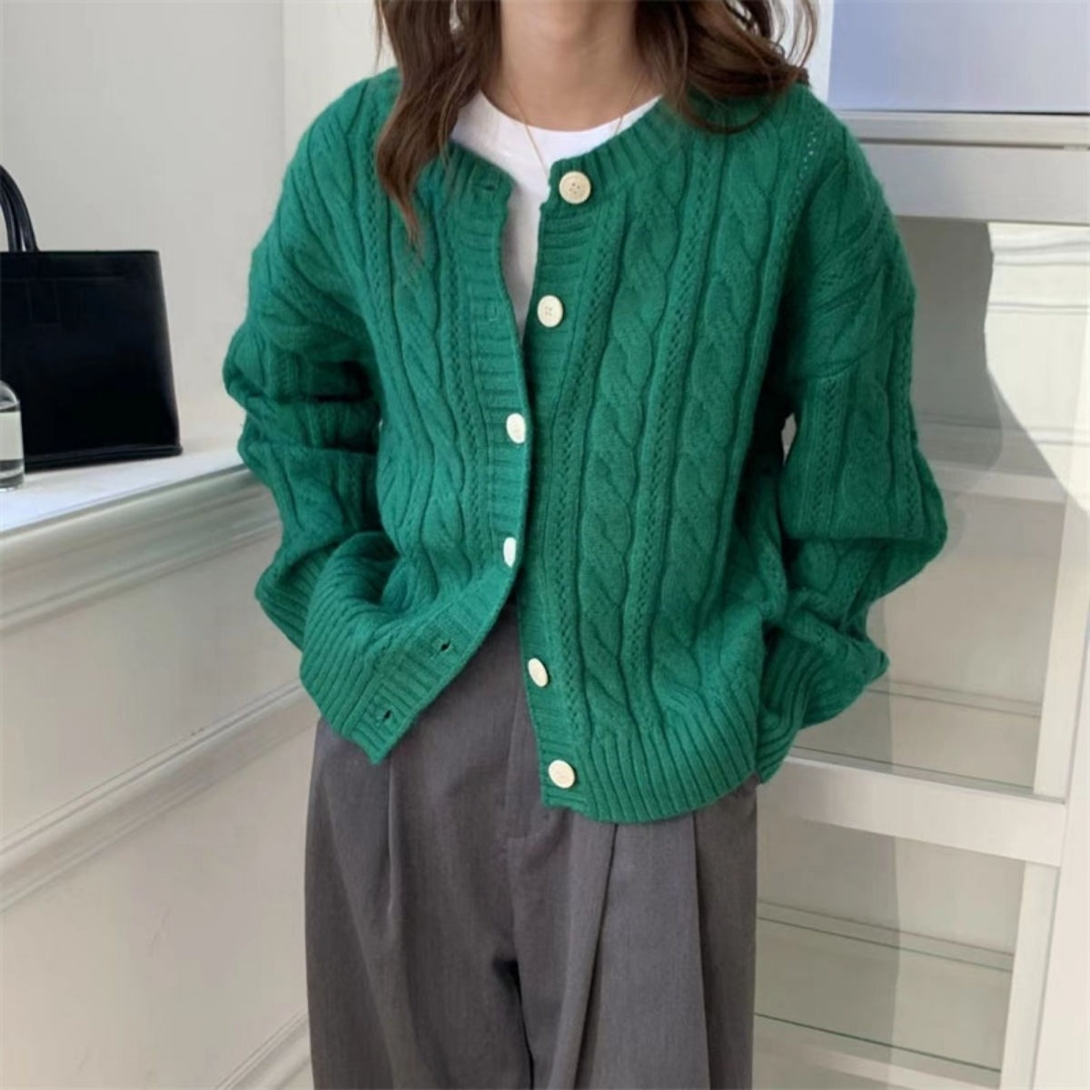 Winter New Style Soft Lazy Knit Green Cardigan Design - 016