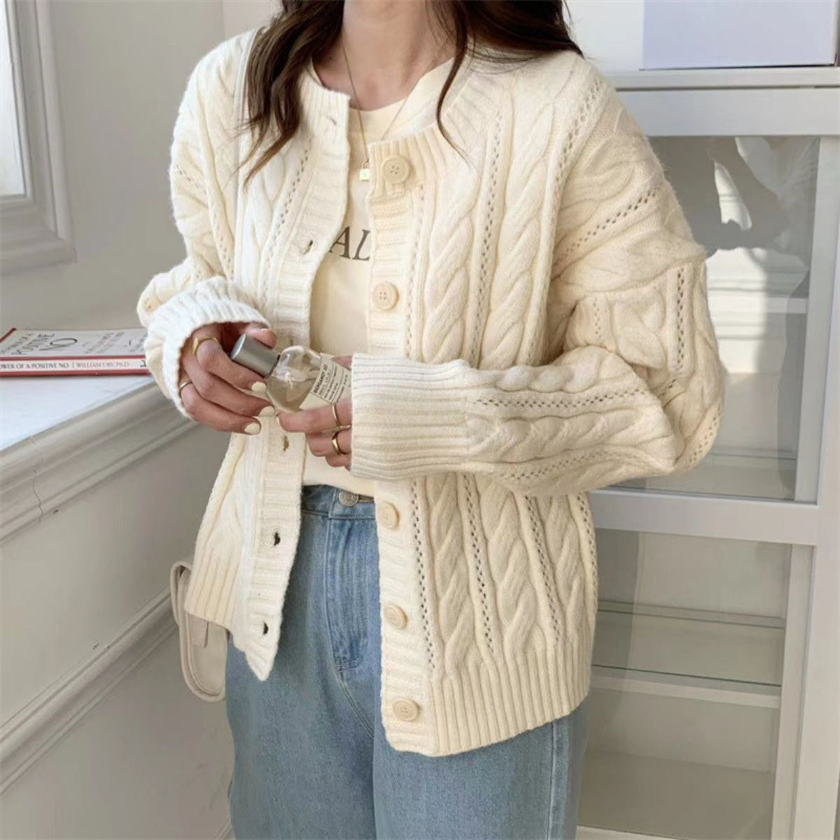 Winter New Style Soft Lazy Knit Cream Cardigan Design - 017