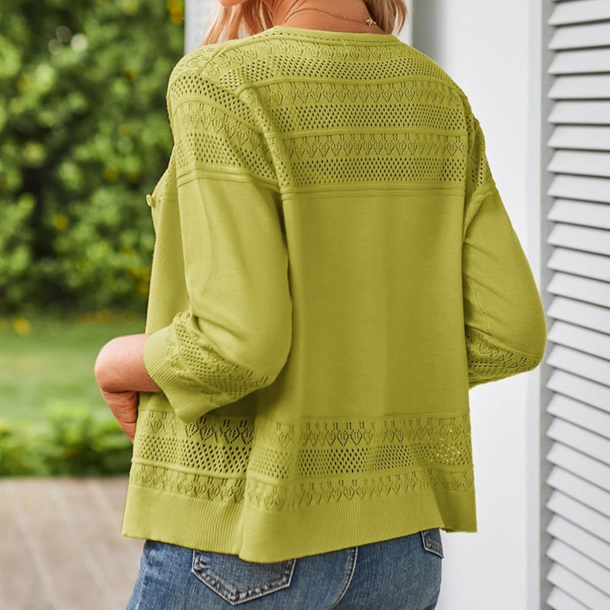 Women Cropped Green Cardigan 3/4 Sleeve Lightweight Crochet: Go-To Winter Essential