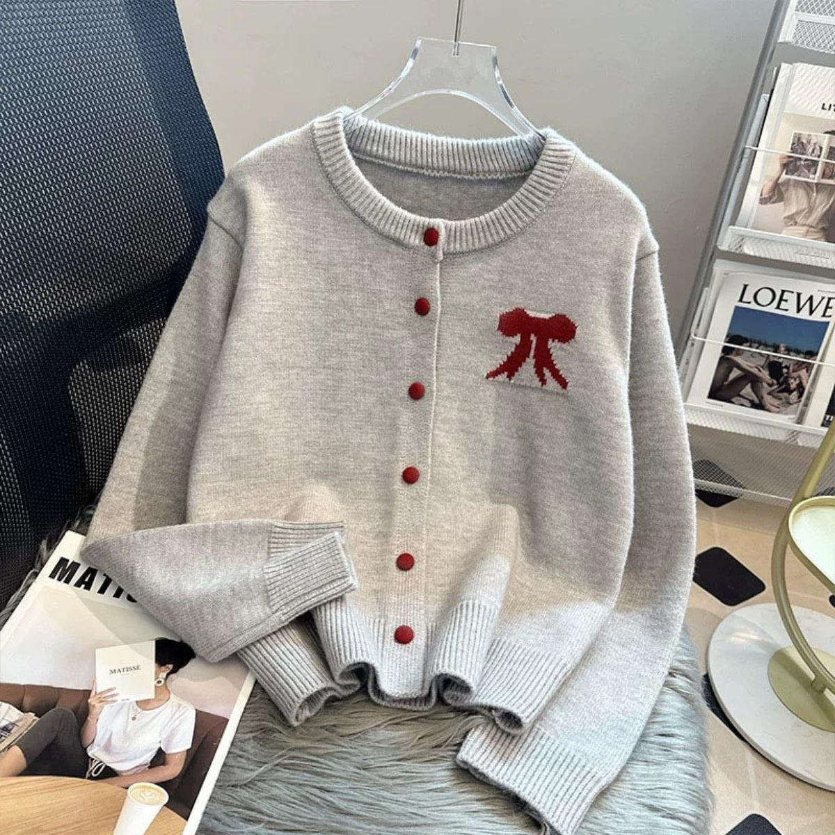 Cozy Grey Cardigan With Red Bow Detail - 019