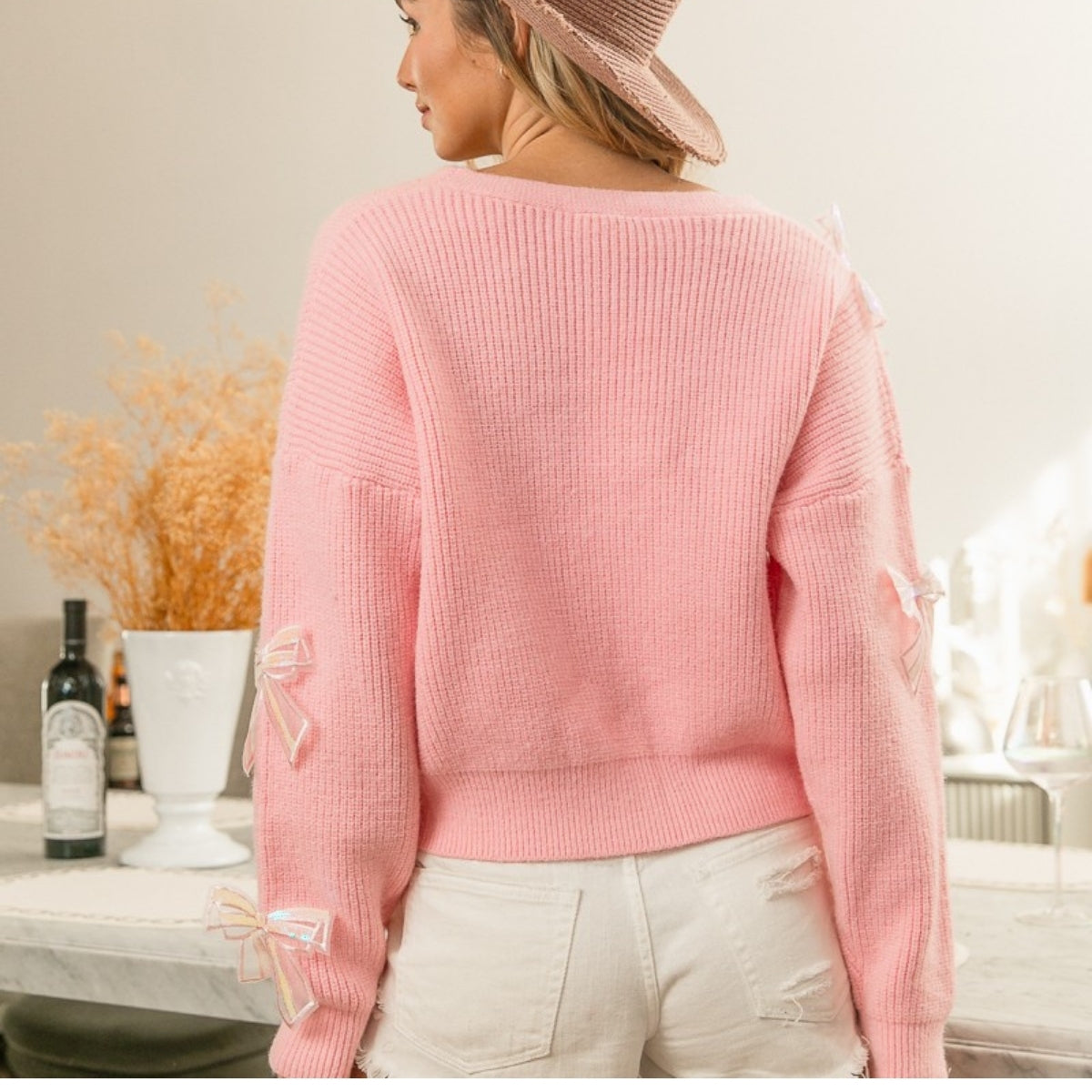 Bow Detail Cardigan Sweater Pink - 020