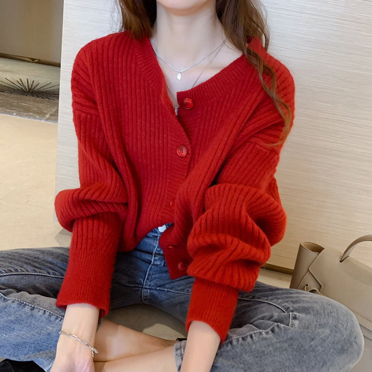 Women’s Crew Neck Red Cardigan Sweater - 021