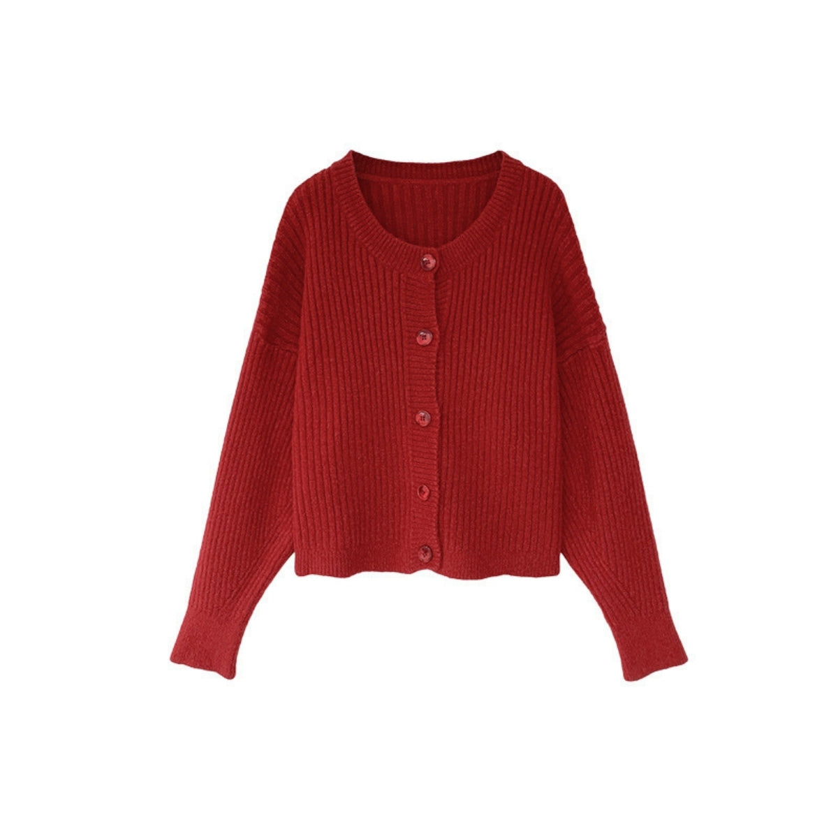 Women’s Crew Neck Red Cardigan Sweater - 021