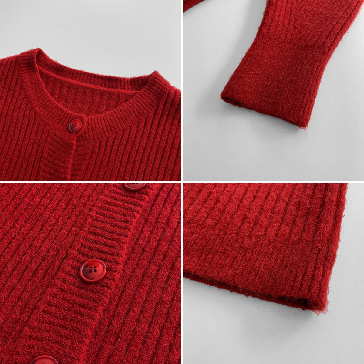 Women’s Crew Neck Red Cardigan Sweater - 021