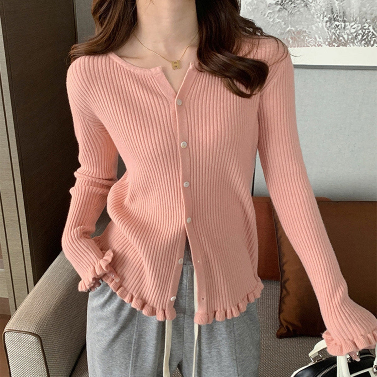 Women’s Pink Cardigan Winter Solid Knitwear Round Neck Sweater - 022