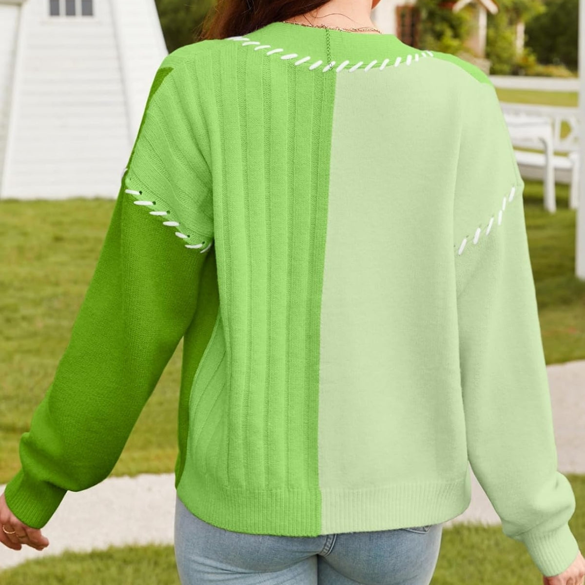 Women Cropped Patchwork Chunky Green Cardigan Long Sleeve - 045