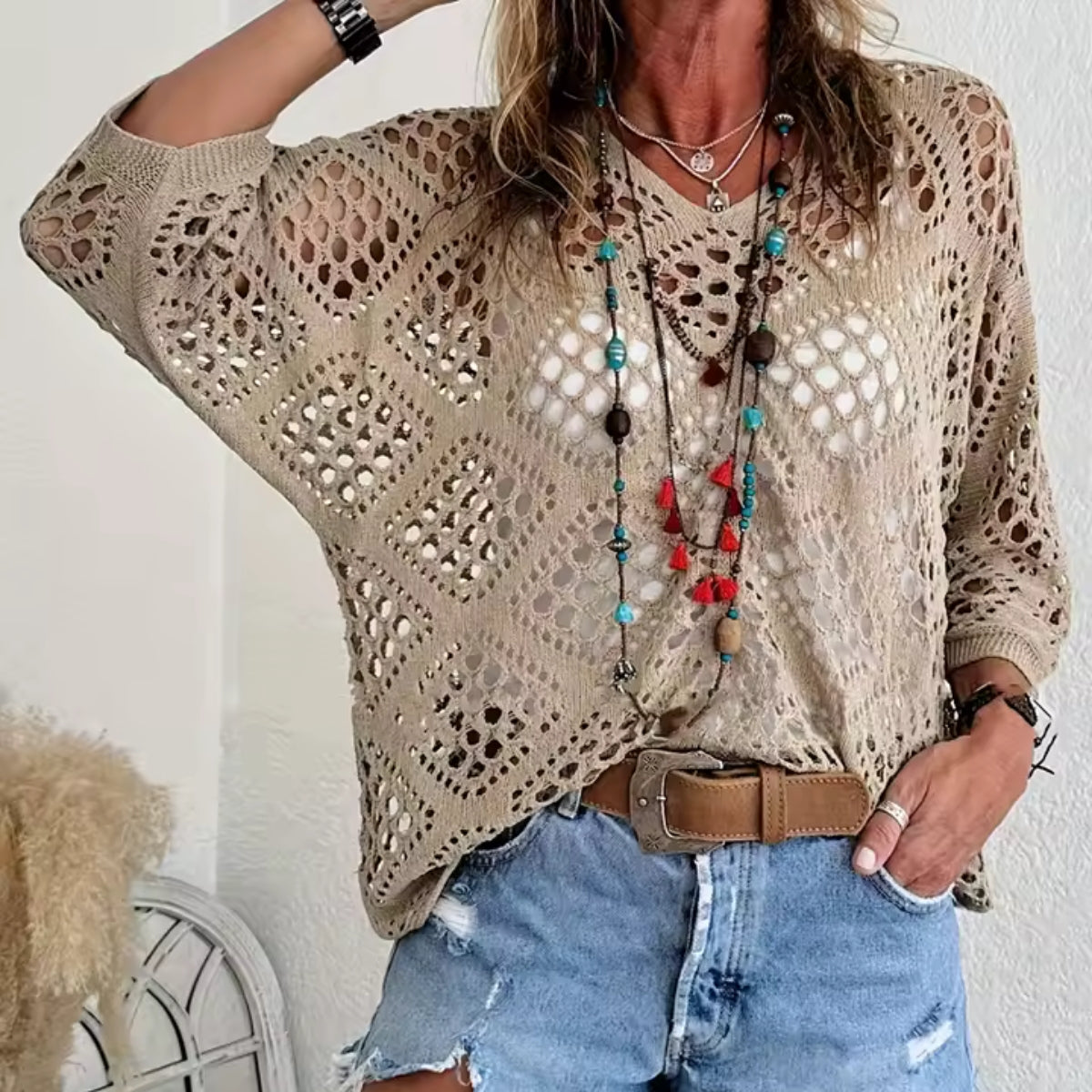 Women Solid V Neck Brown Crochet Top - C-014