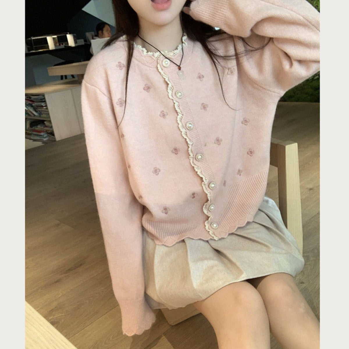 Women’s Pink Cardigan Winter Solid Knitwear Round Neck Sweater - 023