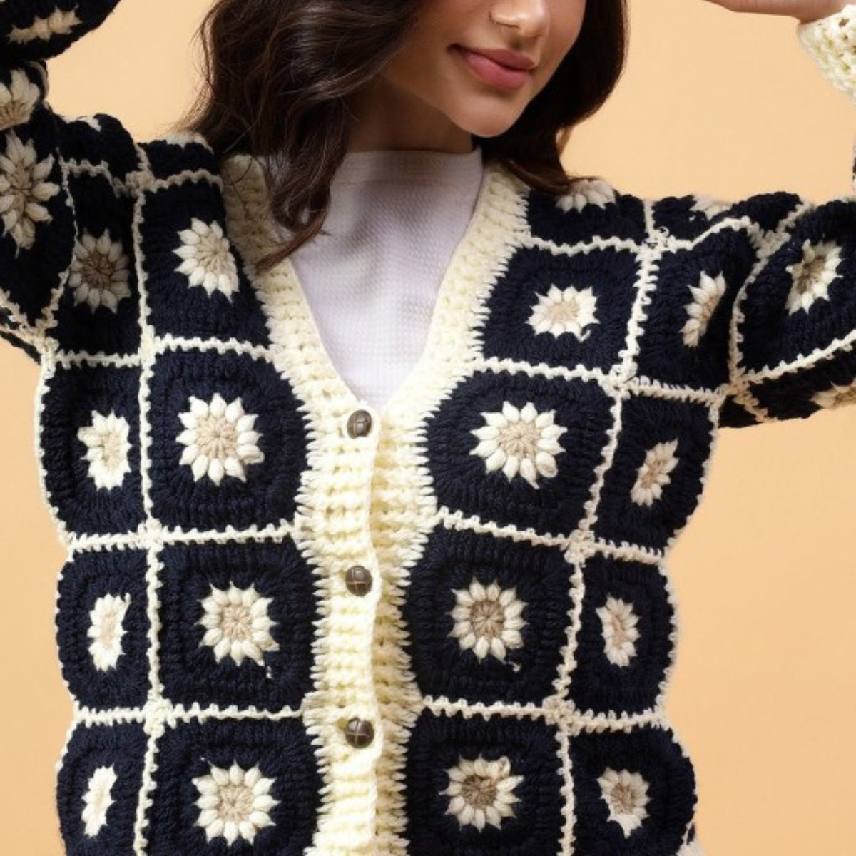 Women Colourblock Crochet Cardigan with Full Sleeves Winter Wear Cardigan Best Selling