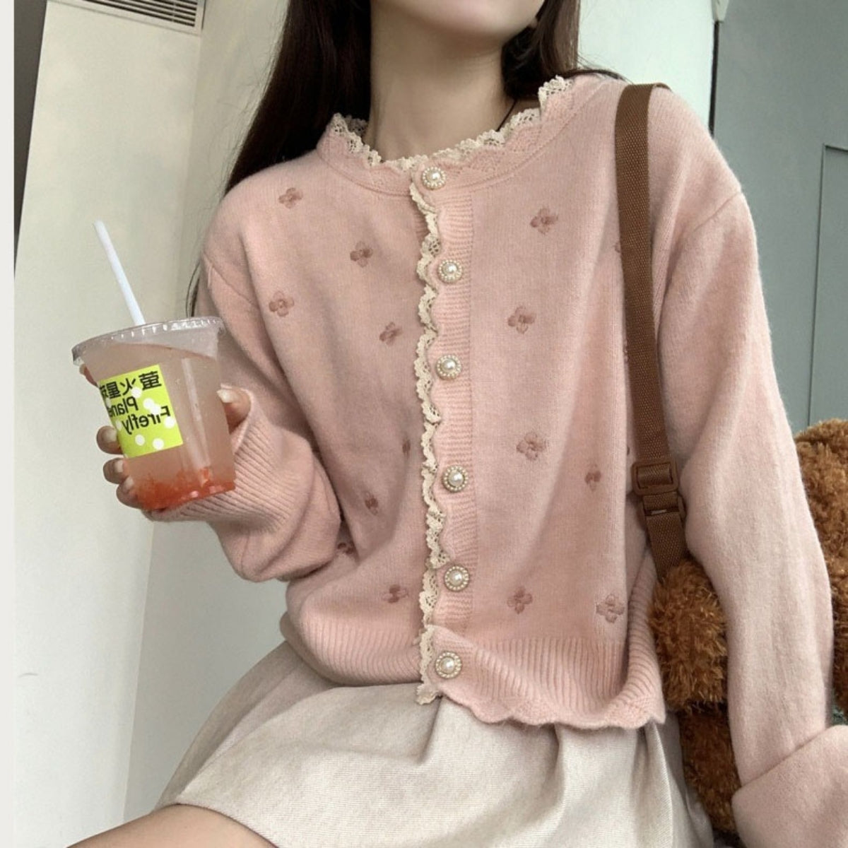 Women’s Pink Cardigan Winter Solid Knitwear Round Neck Sweater - 023