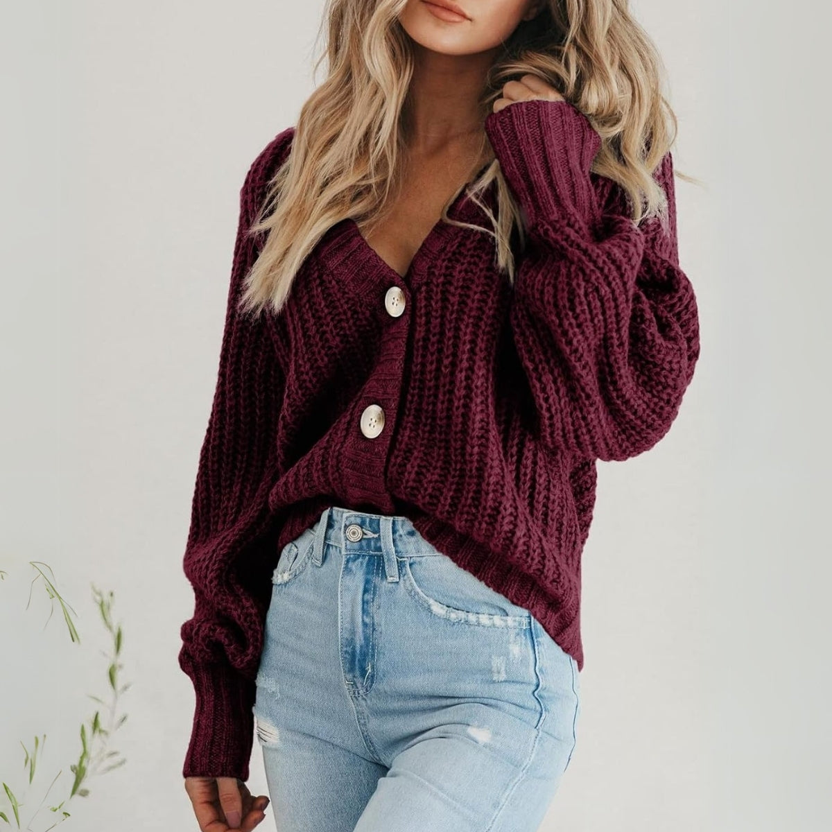 Women's Oversized Maroon Cardigan Casual Long Sleeve : Go-To Winter Essential