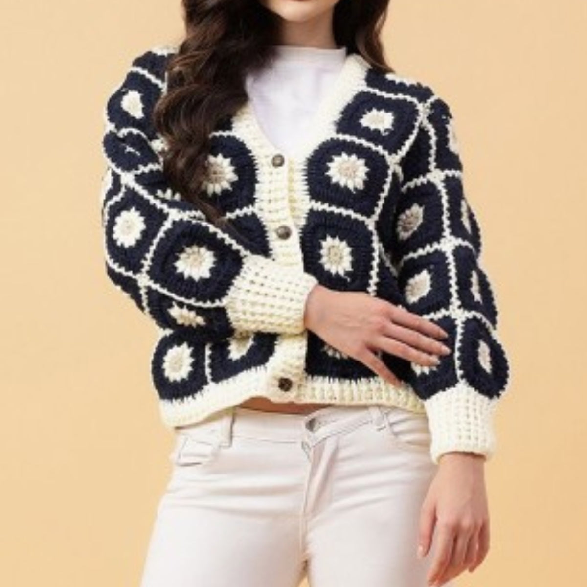 Women Colourblock Crochet Cardigan with Full Sleeves Winter Wear Cardigan Best Selling