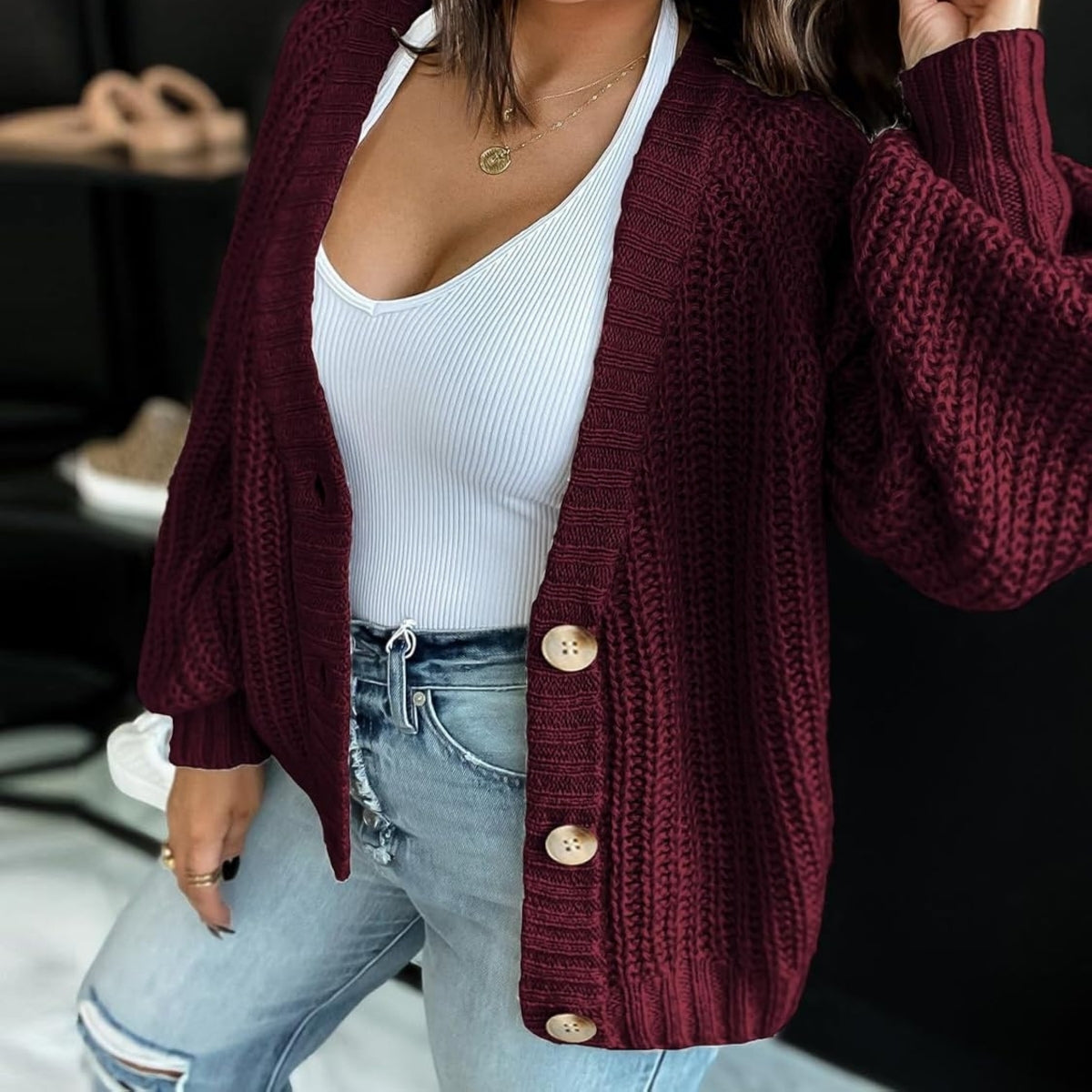 Women's Oversized Maroon Cardigan Casual Long Sleeve : Go-To Winter Essential