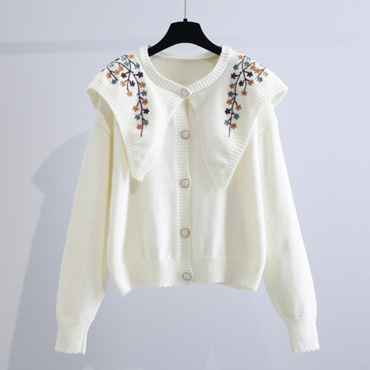 Cute Embroidered Long-Sleeved White Cardigan Sweater - 026