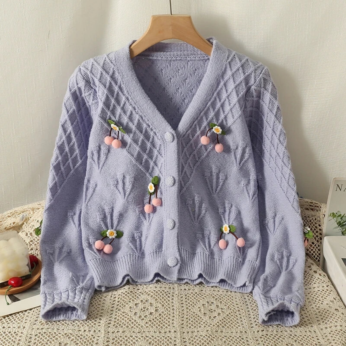 Women Sweet Lavender Cardigan Sweater V-Neck Long Sleeved -031