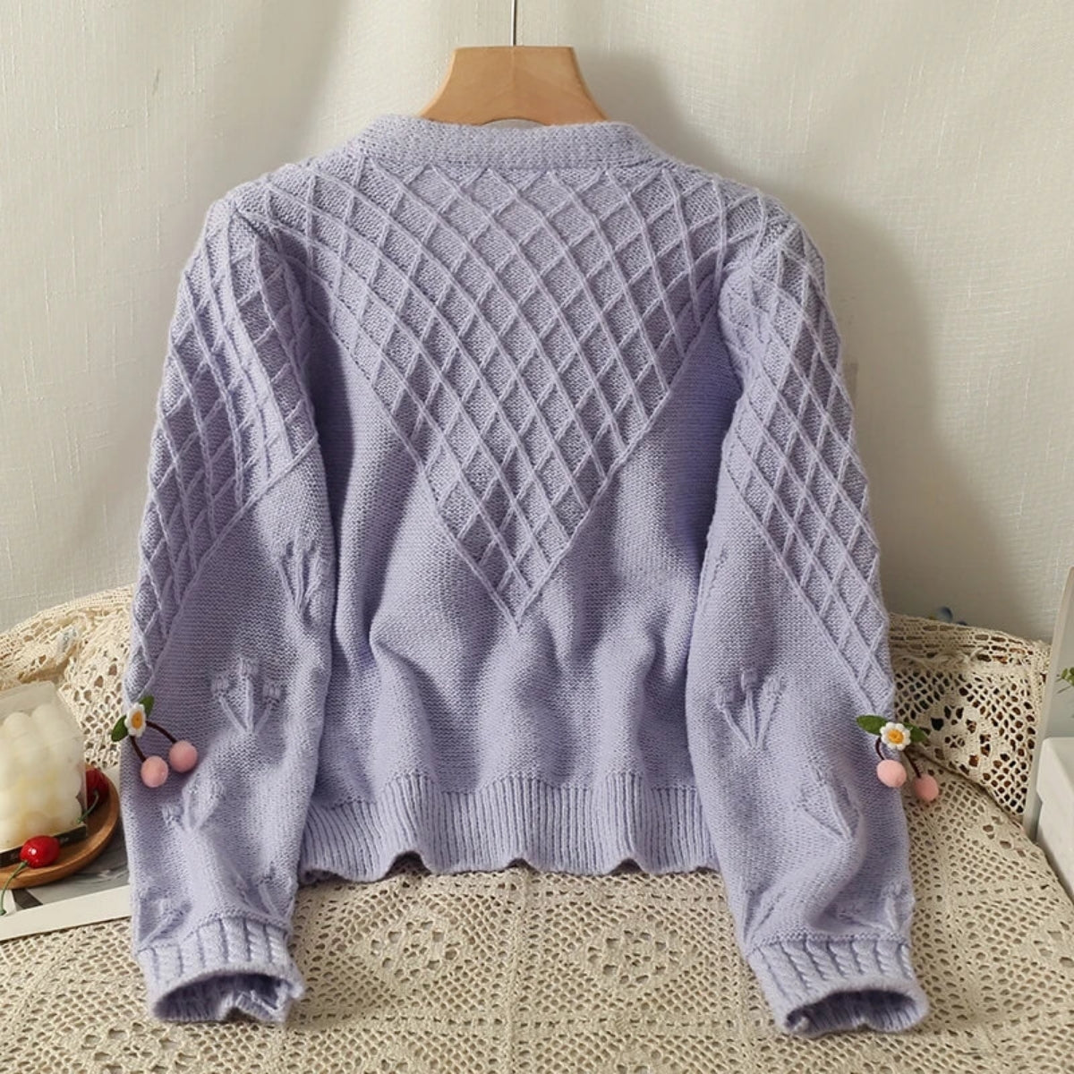 Women Sweet Lavender Cardigan Sweater V-Neck Long Sleeved -031