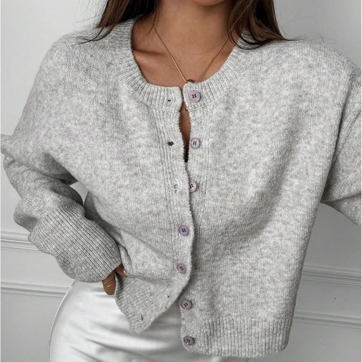 Women’s Grey Wool Cardigan Casual Long Sleeve - 047