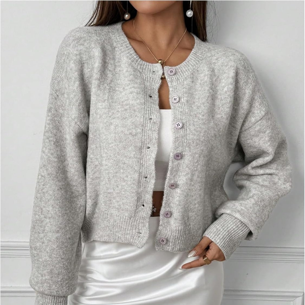 Women’s Grey Wool Cardigan Casual Long Sleeve - 047