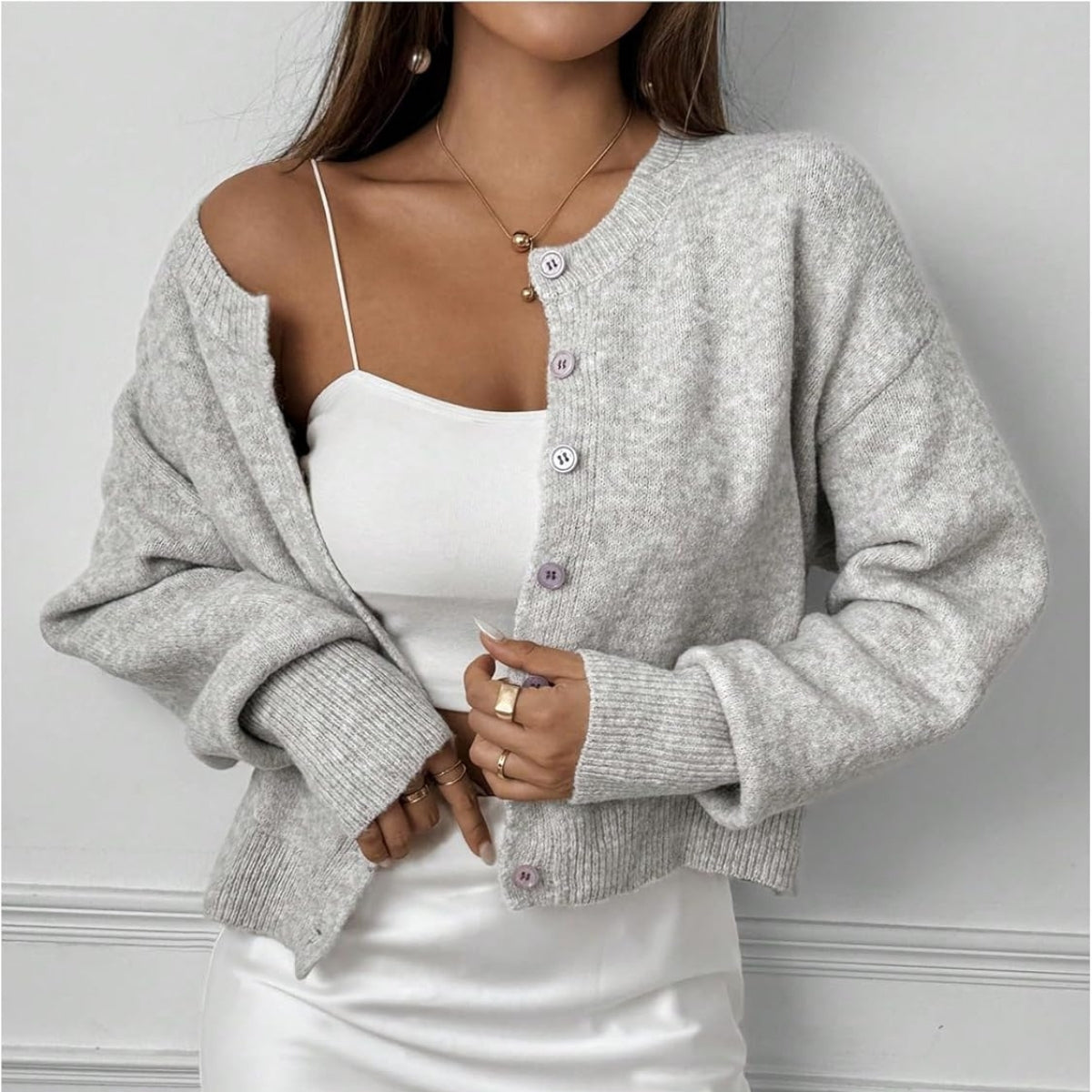 Women’s Grey Wool Cardigan Casual Long Sleeve - 047