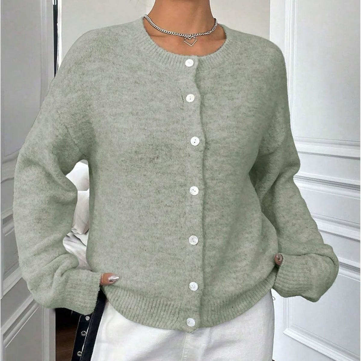 Women’s Sea Green Wool Cardigan Casual Long Sleeve - 048