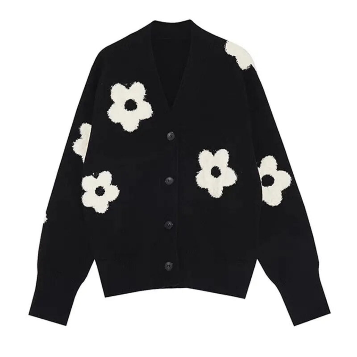 Women Black V-Neck Floral Cardigan -033