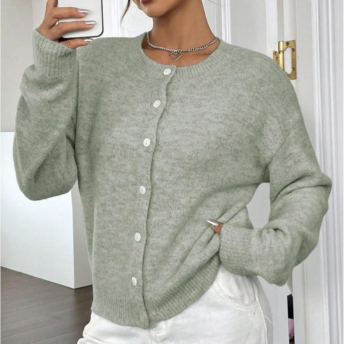 Women’s Sea Green Wool Cardigan Casual Long Sleeve - 048