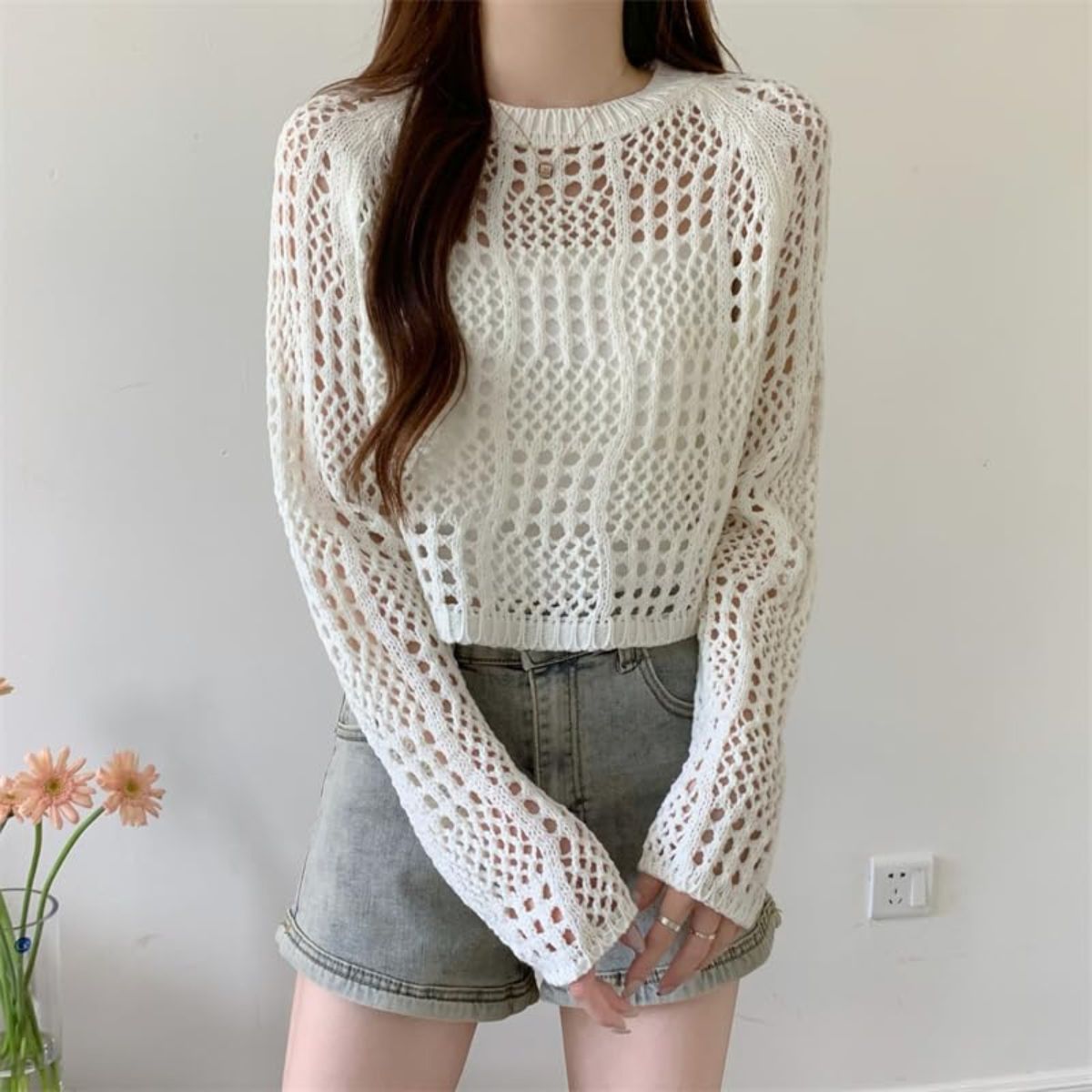 Women’s Knitted Crochet Transparent Long-Sleeve Hollow Out Sheer Pullover Top - C-03