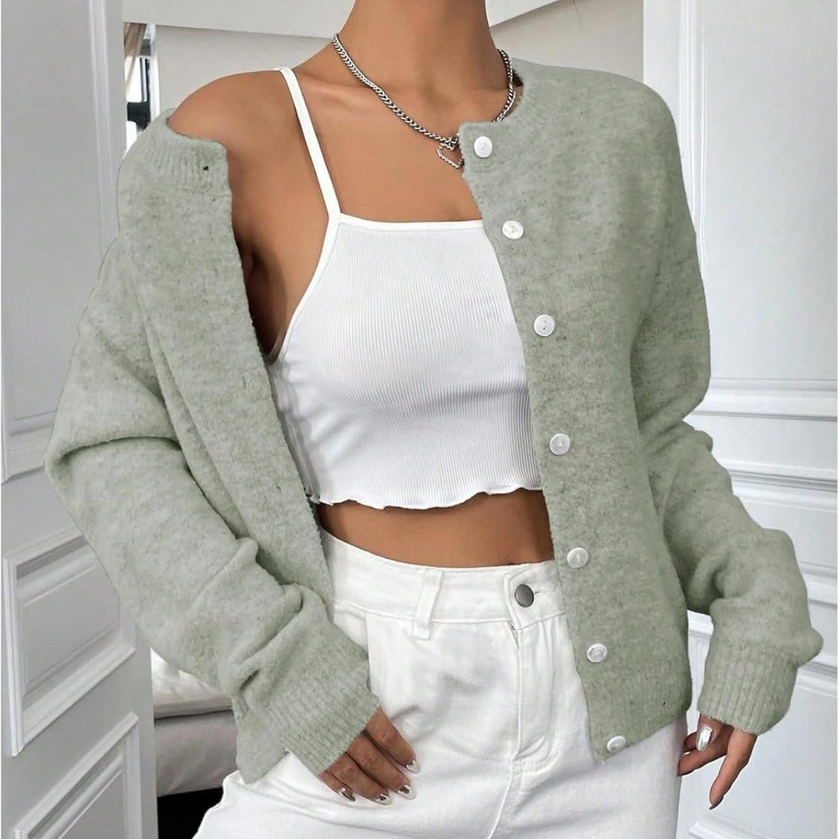 Women’s Sea Green Wool Cardigan Casual Long Sleeve - 048