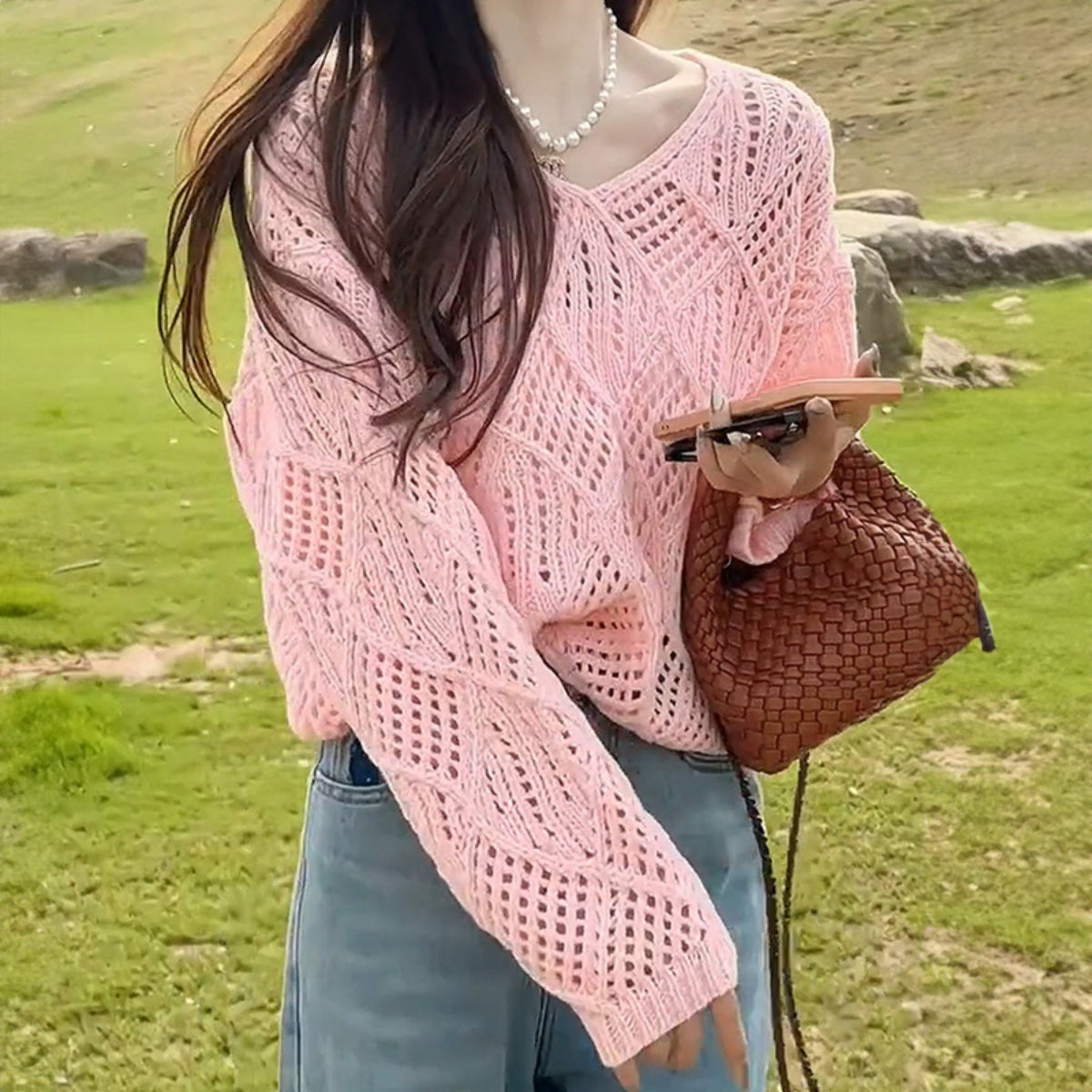 Women Solid V Neck Pink Crochet Top - C-015