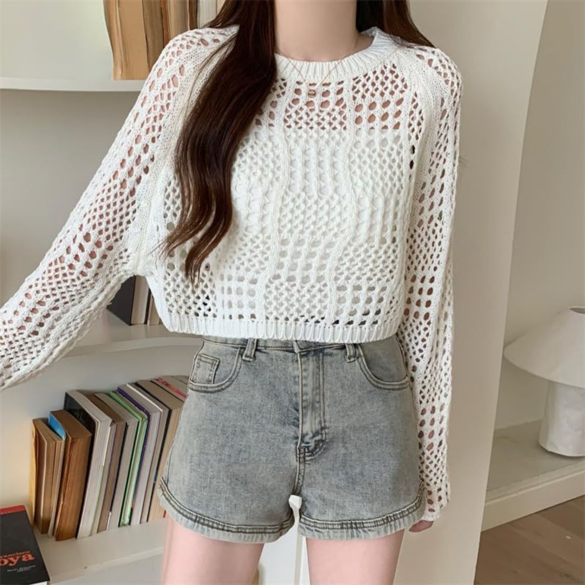 Women’s Knitted Crochet Transparent Long-Sleeve Hollow Out Sheer Pullover Top - C-03