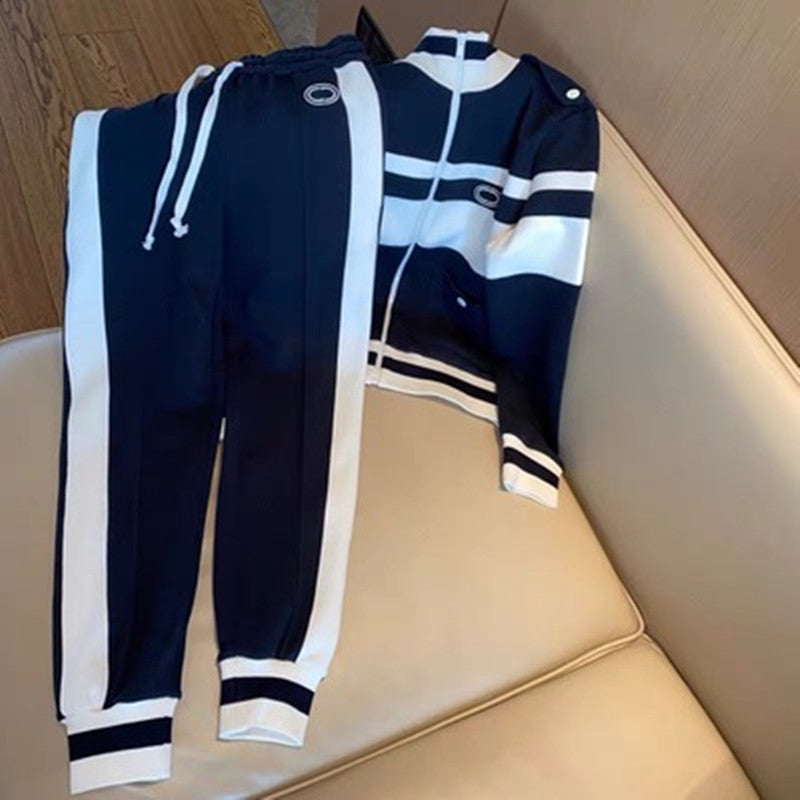 Winter Fashion Sportswear Casual Knitted Two Piece Set Women Turtleneck Zipper Striped Cardigans Coat + Pencil Pants Suit Co-ord Set ( N-1 )