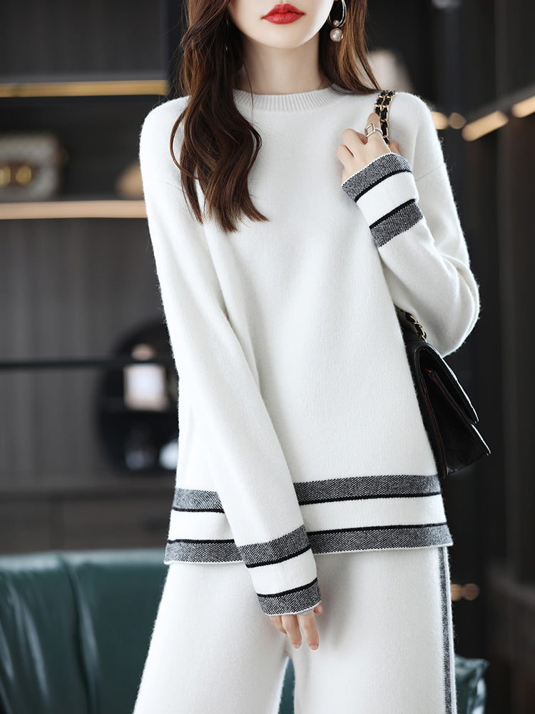 Wool Suit Women's O-Neck Pullover Autumn/Winter New Fashion Color Matching Casual Two-piece Suit Female Co-ord Set ( N-1 )