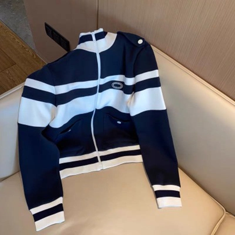 Winter Fashion Sportswear Casual Knitted Two Piece Set Women Turtleneck Zipper Striped Cardigans Coat + Pencil Pants Suit Co-ord Set ( N-1 )