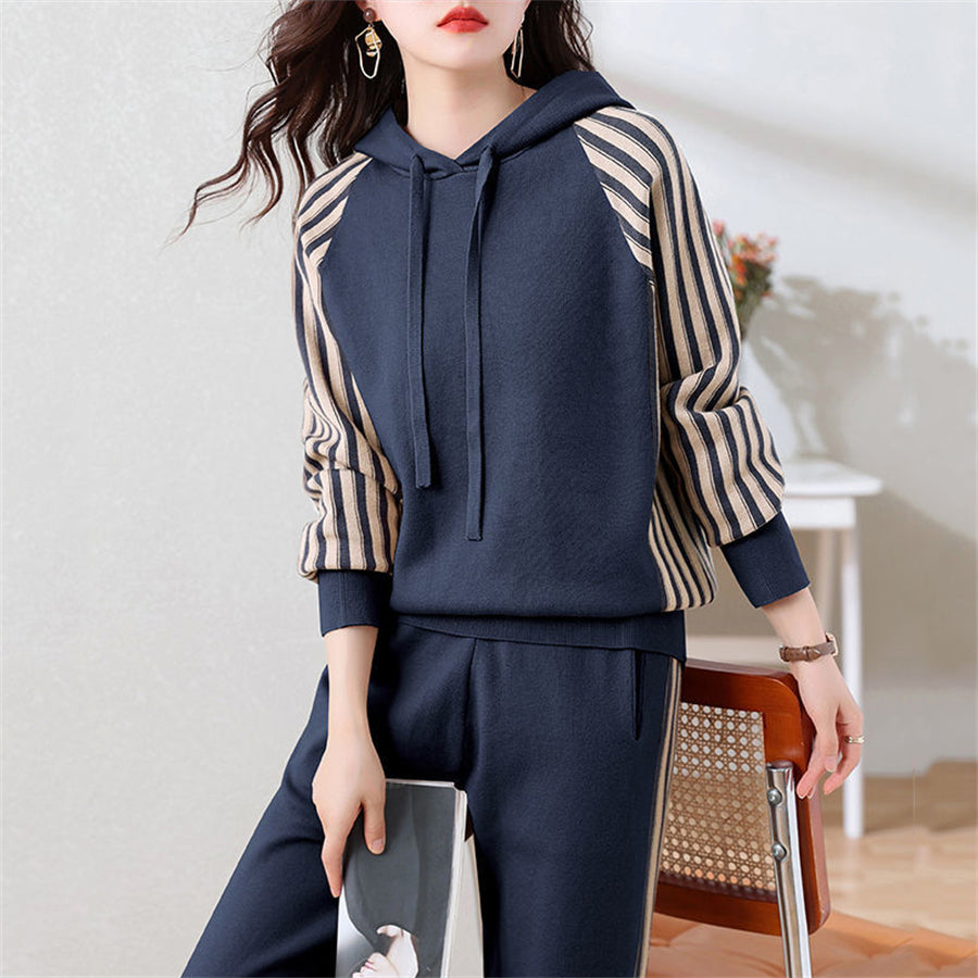 Casual Side Stripe Patchwork 2 Piece Sets Hooded Sweatshirts+Jogger Pants Loose Oversize Co-ord Set ( N-1 )