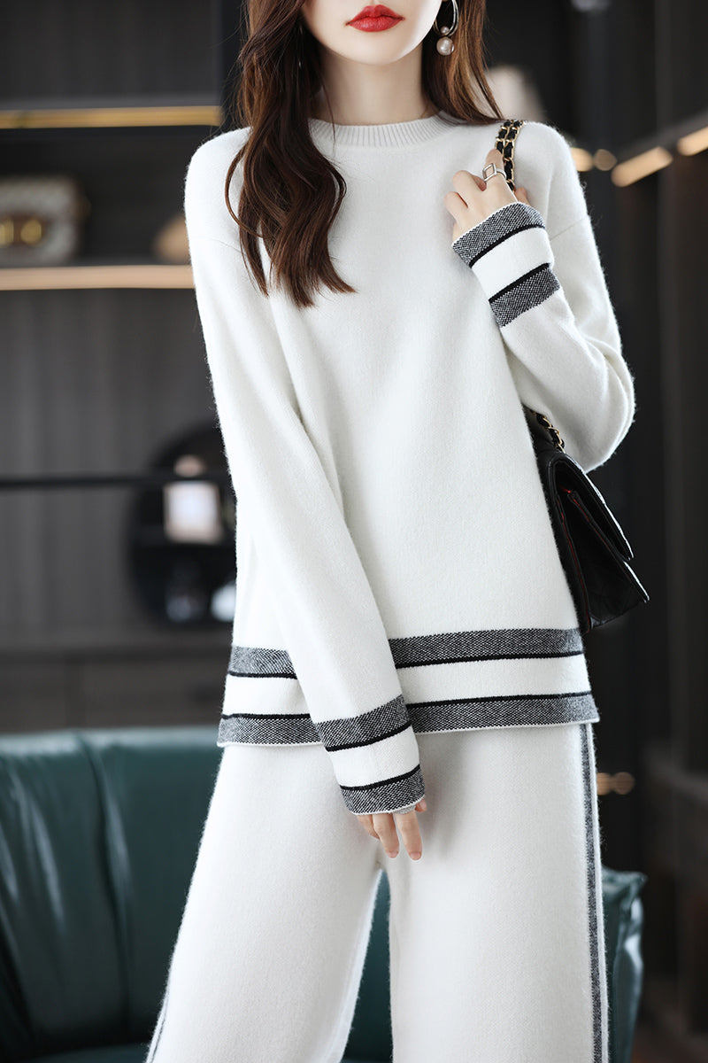 Wool Suit Women's O-Neck Pullover Autumn/Winter New Fashion Color Matching Casual Two-piece Suit Female Co-ord Set ( N-1 )